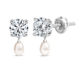 925 Sterling Silver Drop Earrings, 6x4mm Cultured Freshwater Pearl & 2.00 CT Round Cubic Zirconia in Screw Back