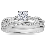 925 Sterling Silver Twisted Ring Set, 0.75 ctw Cushion & Round Cubic Zirconia