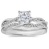 925 Sterling Silver Twisted Ring Set, 1.00 ctw Cushion & Round Cubic Zirconia