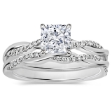 925 Sterling Silver Twisted Ring Set, 1.25 ctw Cushion & Round Cubic Zirconia