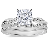 925 Sterling Silver Twisted Ring Set, 1.75 ctw Cushion & Round Cubic Zirconia