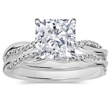 925 Sterling Silver Twisted Ring Set, 2.25 ctw Cushion & Round Cubic Zirconia