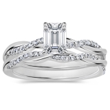 925 Sterling Silver Interwined Solitaire Ring Set, 0.75 Ctw Emerald & Round Cubic Zirconia