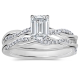 925 Sterling Silver Interwined Solitaire Ring Set, 1.00 Ctw Emerald & Round Cubic Zirconia