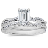 925 Sterling Silver Interwined Solitaire Ring Set, 1.25 Ctw Emerald & Round Cubic Zirconia