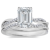 925 Sterling Silver Interwined Solitaire Ring Set, 2.25 Ctw Emerald & Round Cubic Zirconia