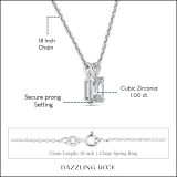 1.00 Cttw Emerald Solitaire Cubic Zirconia 4 Prong Pendant with 18 inch Silver Chain for Her in 925 Sterling Silver