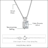 1.50 Cttw Emerald Solitaire Cubic Zirconia 4 Prong Pendant with 18 inch Silver Chain for Her in 925 Sterling Silver
