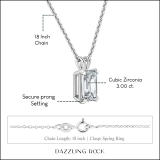 3.00 Cttw Emerald Solitaire Cubic Zirconia 4 Prong Pendant with 18 inch Silver Chain for Her in 925 Sterling Silver
