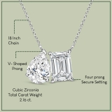 925 Sterling Silver Two Stone Pendant Necklace for Women with 18 inch Silver Chain 2.16 cttw, Emerald (1.20 ct) & Pear (0.96 ct) Cubic Zirconia