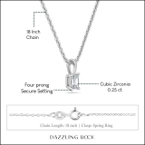 0.25 Cttw Emerald Cut Solitaire Cubic Zirconia 4 Prong Pendant with 18 inch Silver Chain for Her in 925 Sterling Silver
