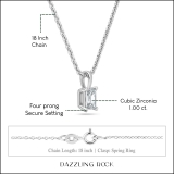 1.00 Cttw Emerald Cut Solitaire Cubic Zirconia 4 Prong Pendant with 18 inch Silver Chain for Her in 925 Sterling Silver