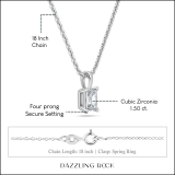1.50 Cttw Emerald Cut Solitaire Cubic Zirconia 4 Prong Pendant with 18 inch Silver Chain for Her in 925 Sterling Silver