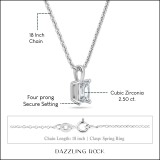 2.50 Cttw Emerald Cut Solitaire Cubic Zirconia 4 Prong Pendant with 18 inch Silver Chain for Her in 925 Sterling Silver