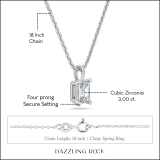 3.00 Cttw Emerald Cut Solitaire Cubic Zirconia 4 Prong Pendant with 18 inch Silver Chain for Her in 925 Sterling Silver