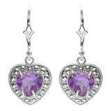 2.00 Carat (ctw) Real Heart Shape Genuine Purple Amethyst 925 Sterling Silver Dangling Hoop 7 x 6.5 MM Earrings