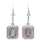 1.50 Carat (ctw) Real Emerald Cut Genuine Purple Amethyst 925 Sterling Silver Dangling Hoop Earrings (1.00 Inch Length x 0.35 Inch Width)