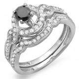 0.75 Carat (ctw) 14k White Gold Round Black And White Diamond Ladies Swirl Bridal Halo Engagement Ring Matching Band Set 3/4 CT