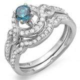 0.75 Carat (ctw) 10k White Gold Round Blue And White Diamond Ladies Swirl Bridal Halo Engagement Ring Matching Band Set 3/4 CT