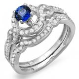 0.75 Carat (ctw) 10k White Gold Round Blue Sapphire And White Diamond Ladies Swirl Bridal Halo Engagement Ring Matching Band Set 3/4 CT