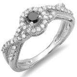 0.50 Carat (ctw) 14k White Gold Round Black And White Diamond Ladies Engagement Halo Style Swirl Split Shank Bridal Ring 1/2 CT