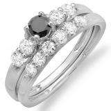 1.00 Carat (ctw) 14k White Gold Round Black And White Diamond Ladies Bridal 5 Stone Engagement Ring Matching Band Wedding Set