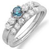 1.00 Carat (ctw) 18k White Gold Round Blue And White Diamond Ladies Bridal 5 Stone Engagement Ring Matching Band Wedding Set