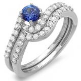 0.85 Carat (ctw) 10k White Gold Round Blue Sapphire And White Diamond Ladies Swirl Bridal Engagement Ring Matching Band Set