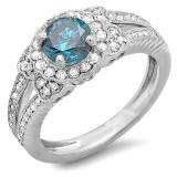 1.30 Carat (ctw) 10k White Gold Round Blue And White Diamond Ladies Vintage Split Shank Halo Bridal Engagement Ring
