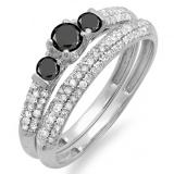 0.85 Carat (ctw) 10k White Gold Round Black And White Diamond 3 Stone Ladies Bridal Engagement Ring Wedding Band Set