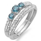 0.85 Carat (ctw) 10k White Gold Round Blue And White Diamond 3 Stone Ladies Bridal Engagement Ring Wedding Band Set