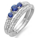 0.85 Carat (ctw) 10k White Gold Round Blue Sapphire And White Diamond 3 Stone Ladies Bridal Engagement Ring Wedding Band Set