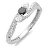 0.50 Carat (ctw) 18k White Gold Round Black And White Diamond 3 Stone Ladies Swirl Bridal Engagement Ring 1/2 CT