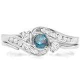 0.50 Carat (ctw) 10k White Gold Round Blue And White Diamond Ladies Swirl Bridal Engagement Ring Matching Band Set