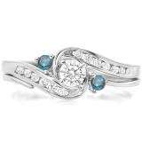 0.50 Carat (ctw) 10k White Gold Round Blue And White Diamond Ladies Swirl Bridal Engagement Ring Matching Band Set