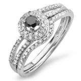 0.50 Carat (ctw) 14k White Gold Round White And Black Diamond Ladies Halo Style Bridal Engagement Ring Set Matching Band 1/2 CT