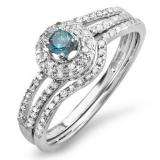 0.50 Carat (ctw) 18k White Gold Round White And Blue Diamond Ladies Halo Style Bridal Engagement Ring Set Matching Band 1/2 CT