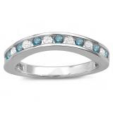 0.75 Carat (ctw) 10k White Gold Round White And Blue Diamond Ladies Curved Guard Matching Bridal Wedding Band