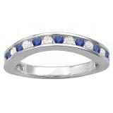 0.75 Carat (ctw) 14k White Gold Round White Diamond And Blue Sapphire Ladies Curved Guard Matching Bridal Wedding Band