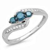0.50 Carat (ctw) 14k White Gold Round Blue And White Diamond Ladies Swirl Engagement 3 Stone Bridal Ring