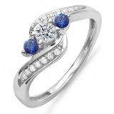 0.50 Carat (ctw) 14k White Gold Round Blue Sapphire And White Diamond Ladies Swirl Engagement 3 Stone Bridal Ring