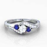 0.50 Carat (ctw) 14k White Gold Round Blue Sapphire And White Diamond Ladies Swirl Engagement 3 Stone Bridal Ring