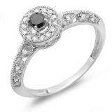 0.38 Carat (Ctw) 10k White Gold Round Black And White Diamond Bridal Halo Style Engagement Ring Milgrain