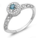 0.38 Carat (Ctw) 14k White Gold Round Blue And White Diamond Bridal Halo Style Engagement Ring Milgrain