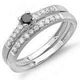 0.40 Carat (ctw) 10k White Gold Round Black And White Diamond Ladies Bridal Engagement Ring Matching Band Wedding Set
