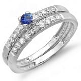0.40 Carat (ctw) 10k White Gold Round Blue Sapphire And White Diamond Ladies Bridal Engagement Ring Matching Band Wedding Set