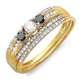 0.40 Carat (ctw) 10k Yellow Gold Round Black And White Diamond Ladies 3 Stone Bridal Ring Engagement Set