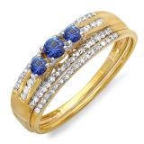 0.40 Carat (ctw) 14k Yellow Gold Round Blue Sapphire And White Diamond Ladies 3 Stone Bridal Ring Engagement Set
