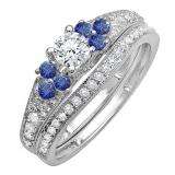 1.00 Carat (ctw) 14k White Gold Round Blue Sapphire And White Diamond Ladies Bridal Engagement Ring Matching Band Set