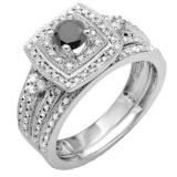 0.75 Carat (ctw) 10k White Gold Round Black And White Diamond Ladies Bridal Engagement Ring Set with Matching Band 3/4 CT